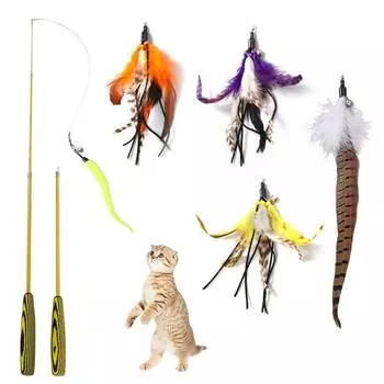 6PCS Cat Three-section Telescopic Fishing Pole Interactive Replacement Feather Teaser Stick Wand Pet Feather Bell Catcher Toy белый