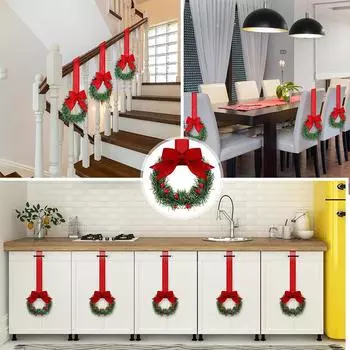 6PCS Christmas Home Wreaths With Plaid Bow Ribbon Hanging Cabinet Doors Wreath Decorative For Kitchen Window Holiday Decor
