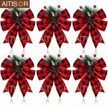 6pcs Christmas Ribbons Buffalo Plaid Bows with Plastic Pine Cone for Christmas Tree Mantle Fireplace Wreath DIY Crafts Decoration Party Decor Gift 6pcs