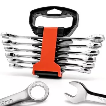 Набор из 6 комбинированных ключей, ключ с инструментом, кованая сталь, 14 мм - 19 мм, 12-гранный, хромованадиевая сталь, организован в держателе ключей