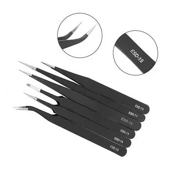 6pcs ESD Anti-Static Stainless Steel Tweezers Precision Maintenance Industrial Electronic Repair Tool Soldering Craft Hand Tools