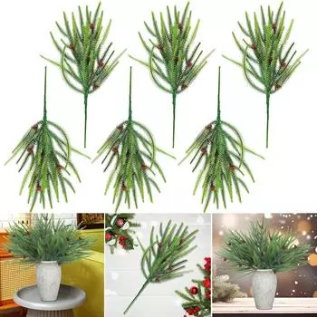 6Pcs Fake Pine Branches with Pine Cones Artificial Cedar Branches Plastic 45cm for Christmas Home Decoration