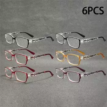 6PCS Fashion Rectangle Reading Glasses - Flexible PC Frame with Spring Hinges, Strain Lightweight Eyewear, C1