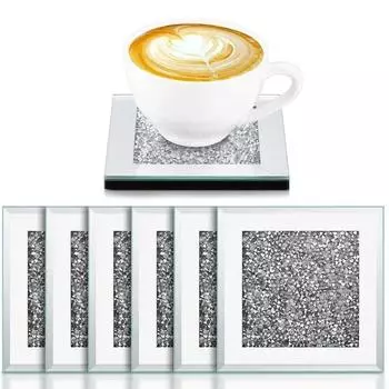 6Pcs Glass Crystal Coasters Set Square Crushed Diamond Mirror Coaster 4 Inch Luxury Cup Mat for Kitchen Dining Table Home Coffee 4 inch
