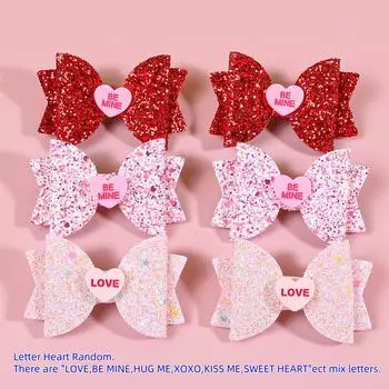 6pcs Glitter Heart Hair Bows for Girls Valentine s Day Letter Bows Heart Hair Clips Barrettes for Kids Party Hair Accessories
