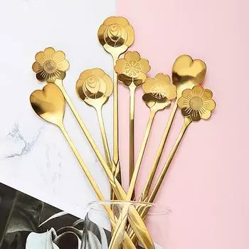 6pcs Gold Flower Stainless Steel Tea Spoons Set Coffee Spoon Honey Dessert Ice Cream Scoop Teaspoon Cafe Long Handle Tableware