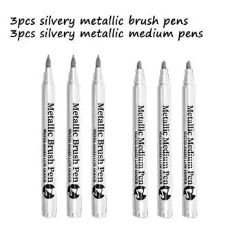 6pcs Golden & Silvery Metal Oil Marker Pens, Permanent Metal Markers, Vibrant Colors Quick Drying, Soft Brush & Hard Pens Tip