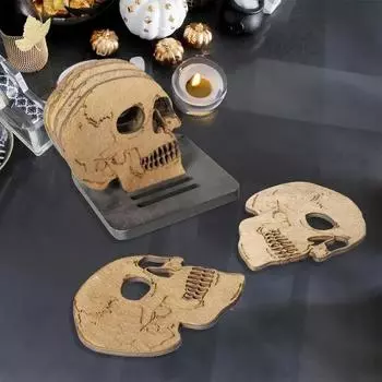 6pcs Halloween Cup Coasters Skull Head Wooden Mug Coasters Heat Resistant Tabletop Cup Coasters for Kitchen Desk Dinner Table