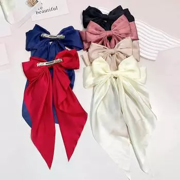 6PCS Large Elegant Ribbon Bow Hair Clip for Women Simple Solid Color Satin Ponytail Hairpins Bowknot Barrettes Hair Accessories
