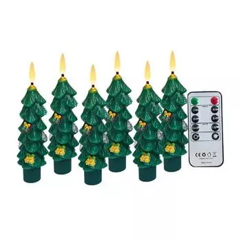 6Pcs LED Flameless Tree Taper Candles with Remote 5.12 Real Wax Flickering Candles with 3D Flame Wick Battery Operated Candlesticks for Holiday Decor 6pcs