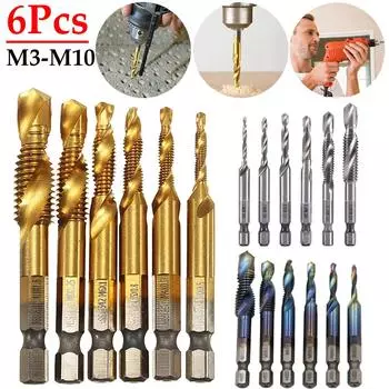 6pcs M3-M10 Combination Drill Tap Bit Set HSS Screw Tapping Bit Hex Shank Metal Drill Bit Set Woodworking Tools