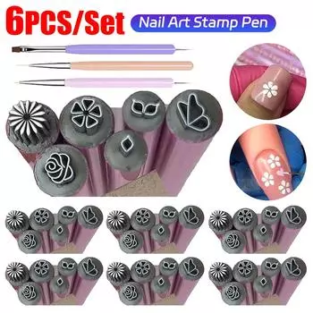 6PCS Nail Art Stamp Pen Set Floral Butterfly Pattern Nail Graffiti Pen Nail Art Designs Nails Stamper Printer Manicure Tools