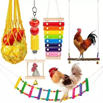 6Pcs Parrot Playing Training Toys Chicken Toys Set Chewing Foraging Toys with Wooden Swing Fruit Vegetable Hanging Feeder белый