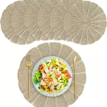6Pcs Place Mats Set Round Gold Vinyl Easy-to-Clean Non-Slip Heat-Resistant 15 for Dinning Table Wedding Party Festival M