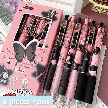 6PCS Pretty Aesthetic Cute Press Gel Pen Kawaii Black Ink Pen Creative 0.5mm Writing Pen Girls A