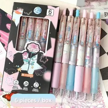 6PCS Pretty Aesthetic Cute Press Gel Pen Kawaii Black Ink Pen Creative 0.5mm Writing Pen Girls B
