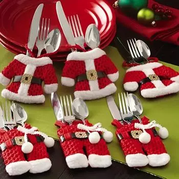 6pcs Santa Set Christmas Silverware Holder Cotton Utensil Bag Utensil Cover Holiday Table Decoration Kitchen Accessories