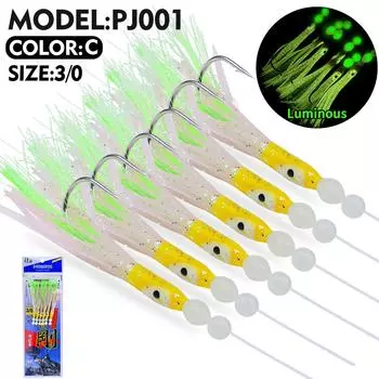 6pcs/Set 3/0#4/0#Luminous Cluster Soft Lure Eel Rigs String Hooks Lure Fishes Saury Squid Mackerel Scad Saltwater Fishing Tackle