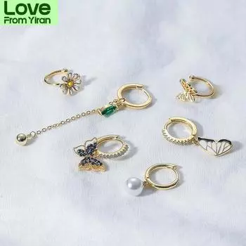 6 шт. /Комплект 925 стерлингового серебра циркон бабочка венок серьги комплект блестящие легкие роскошные милые ювелирные изделия золотистый