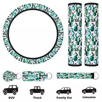 6PCS Set Cactus Steering Wheel Cover Car Cactus Pattern Rubber Keychain Seat Belt Shoulder Guard Interior Key Ring Accessories 3 зелёный