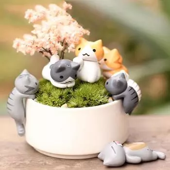 6Pcs/Set Cartoon Lucky Cat Home Garden Bonsai Decorations Miniatures Gift Lovely Micro Landscape Kitten Miniature Craft