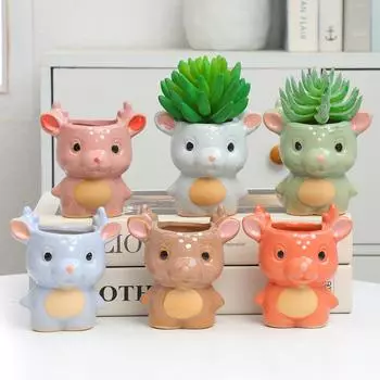 6pcs Set Creative Cartoon Animal Ceramic Succulent Pot Plant Pots Cute Deer Ornaments Decorative Gardening Small Flower Pots