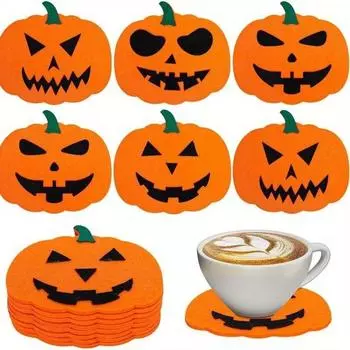 6pcs/set Felt Pumpkin Coaster Halloween Beverage Coaster Orange Black Anti Slip Heat-resistant Coaster Halloween Party Decoration LS 6Pcs