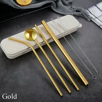 6Pcs/set Metal Straw Set Gold 304 Stainless Steel Tableware Set Reusable Straw Set Party Supplies золотой
