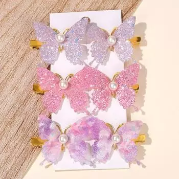 6Pcs/set Shiny Butterfly Hair Clip Set Photography Dress Up Gift for Girls Butterfly with Pearl Hair Clip Hair Accessories Size fits all