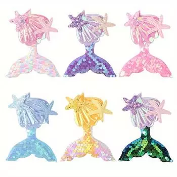 6pcs/set Shinying Mermaid Hairclips Girls Lovely Starfish Hairpin Baby Kids Bangs Decorative Hair Clip Cartoon Colorful Headwear