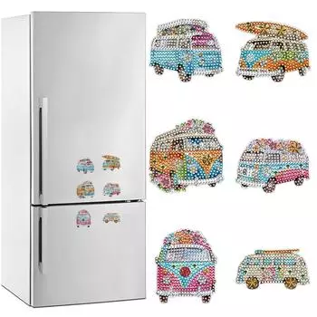6Pcs Special Shape Bus Diamond Art Fridge Magnet Diamond Art Magnets Decals Diamond Painting Fridge Magnet for Car Mailbox Decor BXT017
