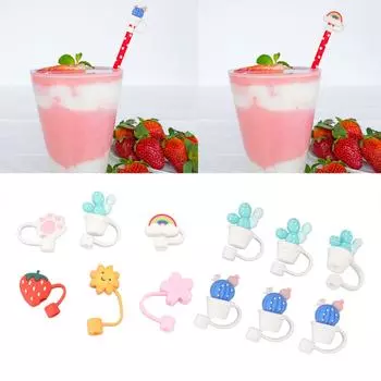 6Pcs Straw Cover Cap Cute Cartoon Reusable Silicone Straw Toppers Drinking Tips Lids Plugs Cup Accessories