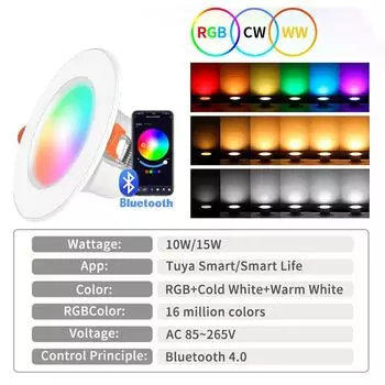 6pcs Tuya Smart LED Downlight 10/15W AC85-265V Bluetooth Recessed Led Spot Lights RGB+CW+WW APP Control Works With Smart Life 6pcs