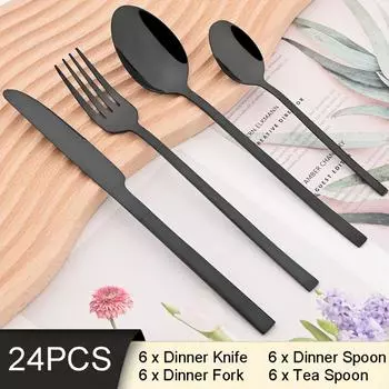 6People Black Diningware Tableware Set Нож Вилка Чайная Ложка Столовые приборы из нержавеющей стали Western Home Kitchen Silverware