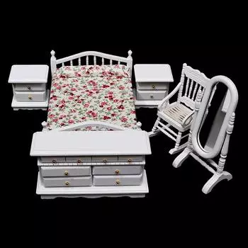 6шт 1:12 кукольных миниатюрных белых деревянных предметов мебели для спальни, кукольный дом