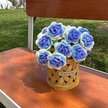 6шт крючком цветы розы искусственные ручная работа вязаные розы плетеные искусственные цветы со стеблями для мамы подарки для дома свадьба вечеринка офис столы украшения жёлтый