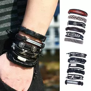 6шт ретро мужские искусственная кожа хип поп-панк череп лист оплетка браслет наручные украшения 1#