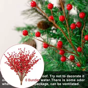 6шт. Рождественская красная ягодная ветка, искусственные бордовые ягоды для украшения елки, Дня святого Валентина, поделок, свадьбы, домашнего декора для праздников 6Pcs