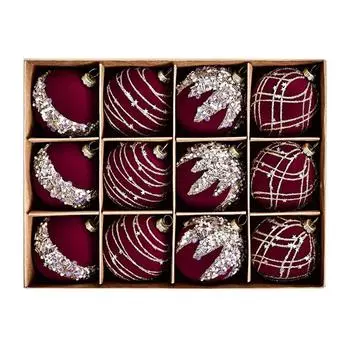 6СМ 12ШТ Премиальный Бархат с Флоком Бриллиантовые Блестки Рождественский Шар Подвеска на Окно вино красного