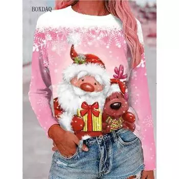 6XL Большой размер Женская одежда Рождественские футболки Осень Зима Длинные рукава 3D Санта Клаус и Снеговик Принт Мультфильм Милые женские топы S