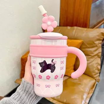 700/1200 мл Термос из нержавеющей стали Милая чашка-соломинка с котиком Большая емкость Бутылка для воды Автомобиль Путешествия на открытом воздухе Кружка для кофе Подарок