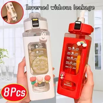 700 мл Kawaii квадратная бутылка для воды с молоком и маркером времени, без BPA, милая портативная спортивная кружка для чая с молоком, чашка для кофе, сока 700ML