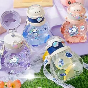 700 мл стакан с трубочкой портативный ремень герметичный дизайн медведь пищевой с наклейкой питьевая вода силиконовый мультяшный кувшин для питья школьные принадлежности фиолетовый