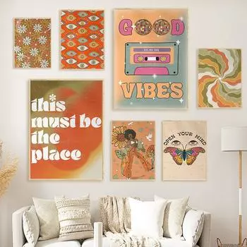 70-е Цветочный Психоделический Диско Арт Плакат Мода Винтаж Оранжевая Бабочка Красочный Холст Картина Комната Домашний Декор Без Рамки 21x30cm No Framed