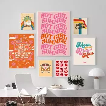 70-е годы Ретро Радужный цветочный постер и принт «Горячая девушка с красными губами», холст, картина, феминистская настенная картина для гостиной, домашний декор 21x30cm No Framed