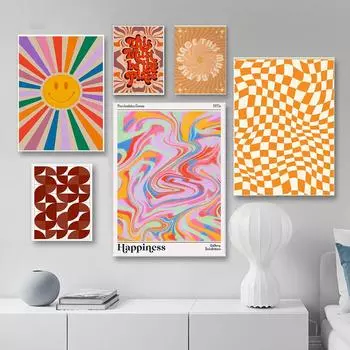 70-е Психоделический Ретро Бохо Солнце Смайлик Позитивный Геометрический Настенный Рисунок Холст Картина Скандинавский Плакат Печать Картина Декор Гостиной 21x30cm No Framed