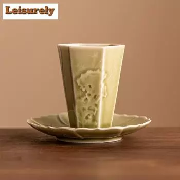 70 мл Яочжоу печь селадон шестиугольная чашка мастер рельеф камень озера Тайху чайная чаша с блюдцем набор дегустационная чайная чашка блюдце посуда для напитков