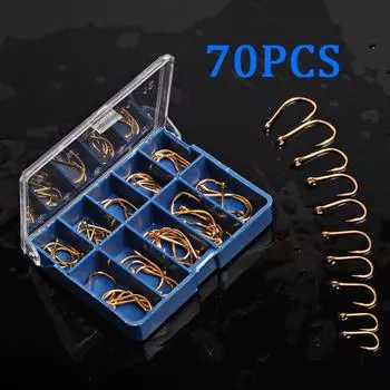 70 шт. 10 размеров рыболовные крючки золотые металлические крючки с коробкой для ловли карпа и окуня 70pcs золотой