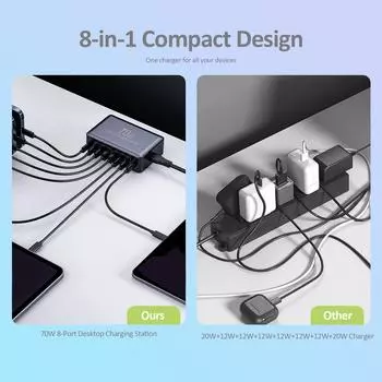 70 Вт 8 портов USB TypeC зарядное устройство быстрая зарядка настольная зарядная станция для смартфона наушники US Plug чёрный