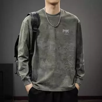 70G Сильно потертая простая вышитая футболка с длинными рукавами мужская осенняя круглая горловина свободный американский ретро свитер Tide M бежевый